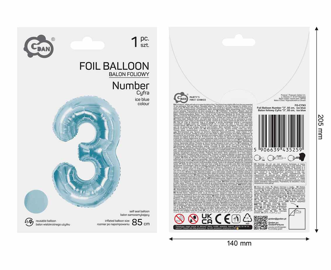 Balon foliowy Cyfra "3", 85 cm, ice blue
