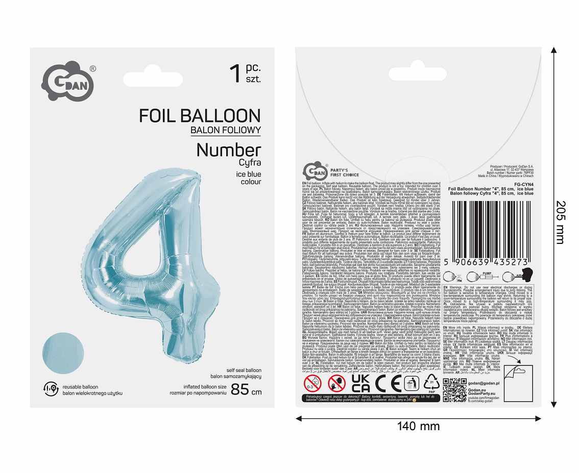 Balon foliowy Cyfra "4", 85 cm, ice blue