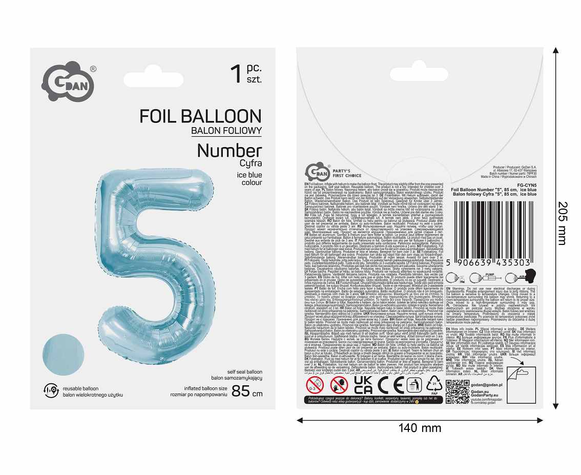 Balon foliowy Cyfra "5", 85 cm, ice blue