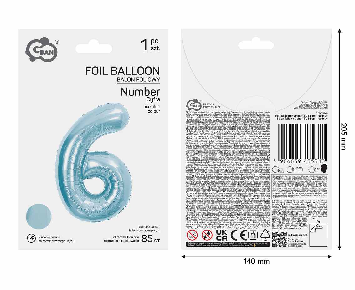 Balon foliowy Cyfra "6", 85 cm, ice blue