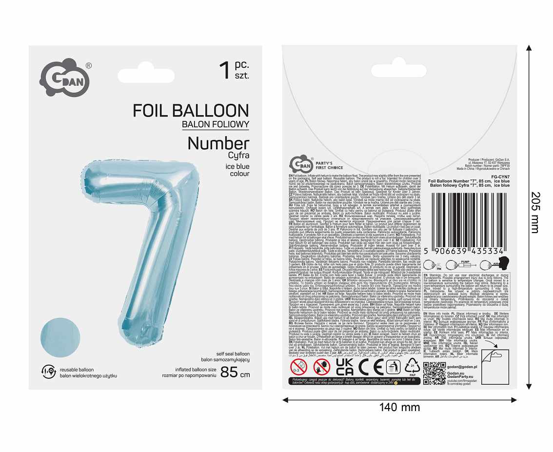 Balon foliowy Cyfra "7", 85 cm, ice blue