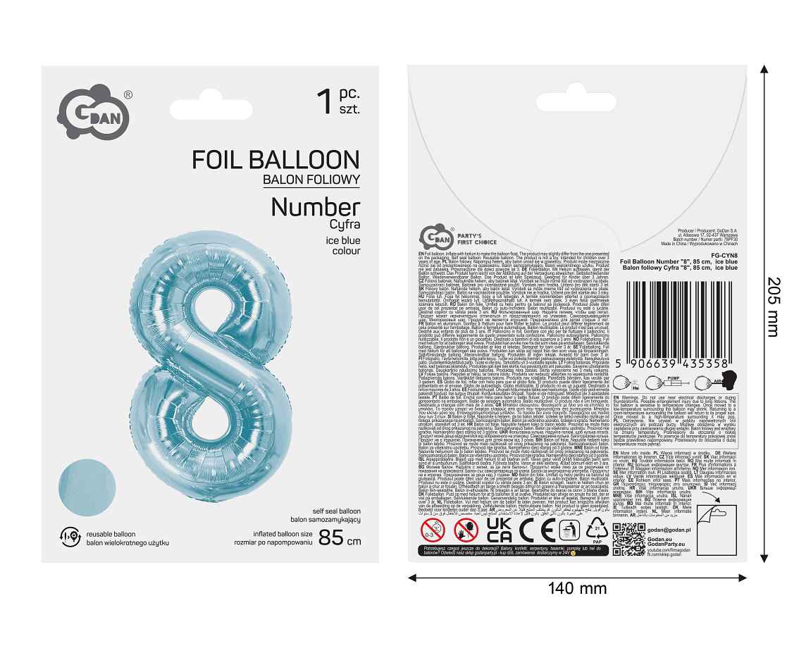 Balon foliowy Cyfra "8", 85 cm, ice blue