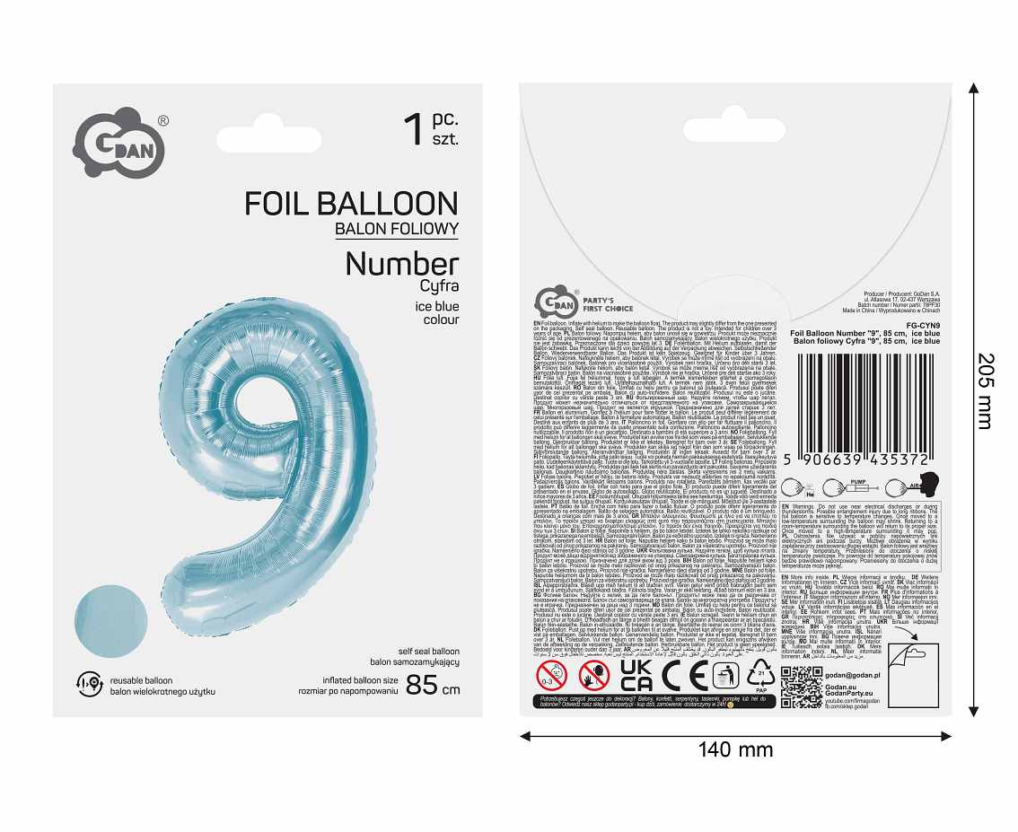 Balon foliowy Cyfra "9", 85 cm, ice blue