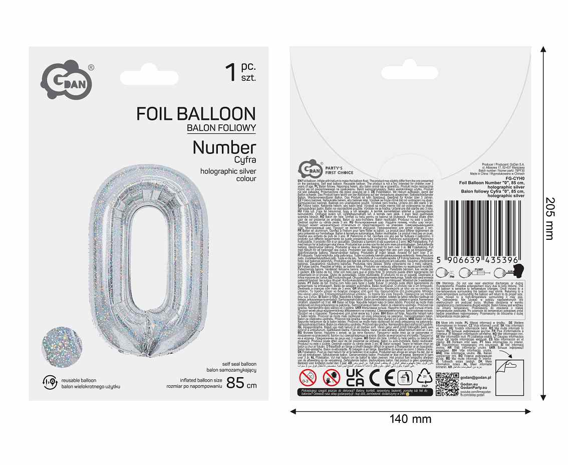 Balon foliowy Cyfra "0", 85 cm, holographic silver