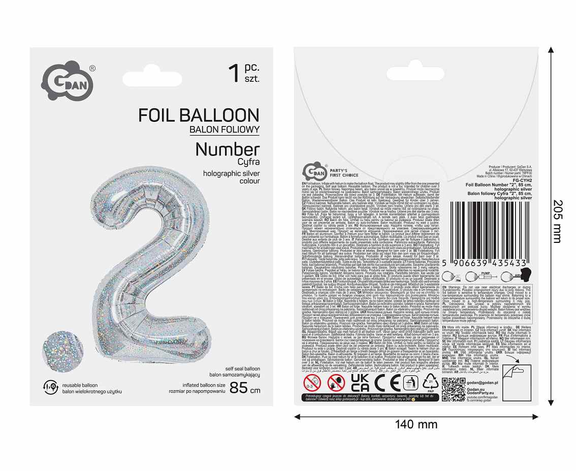 Balon foliowy Cyfra "2", 85 cm, holographic silver
