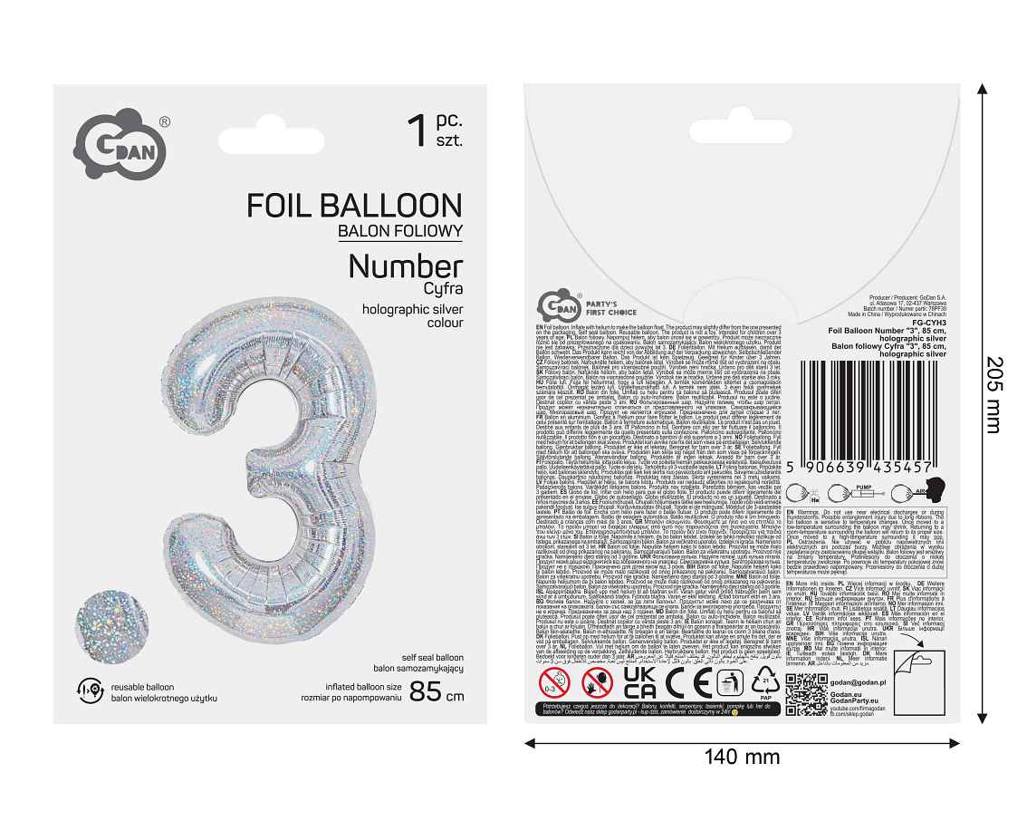 Balon foliowy Cyfra "3", 85 cm, holographic silver