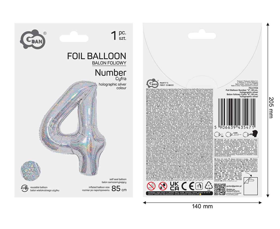 Balon foliowy Cyfra "4", 85 cm, holographic silver