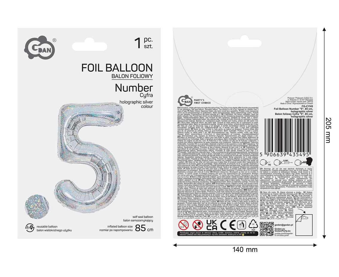 Balon foliowy Cyfra "5", 85 cm, holographic silver
