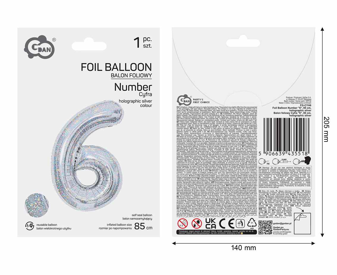 Balon foliowy Cyfra "6", 85 cm, holographic silver