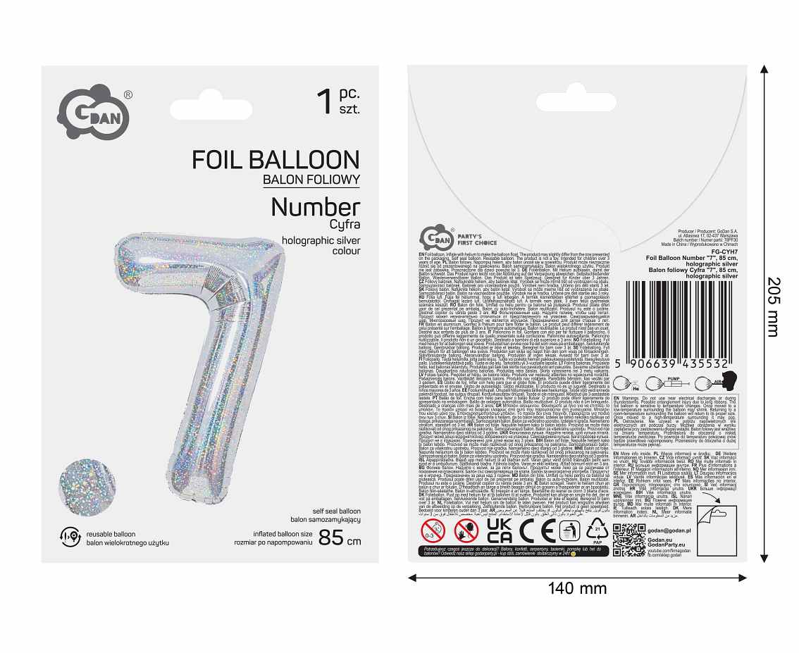 Balon foliowy Cyfra "7", 85 cm, holographic silver