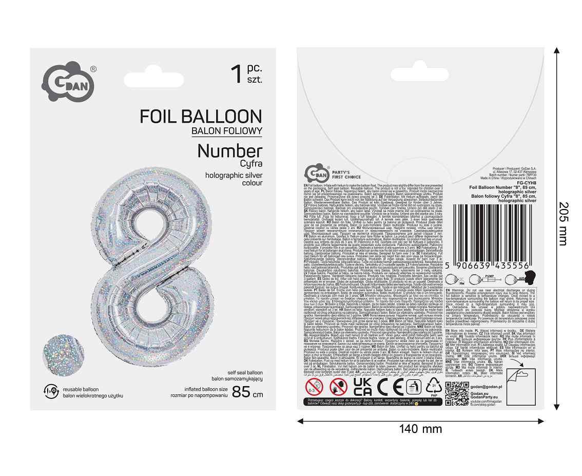 Balon foliowy Cyfra "8", 85 cm, holographic silver