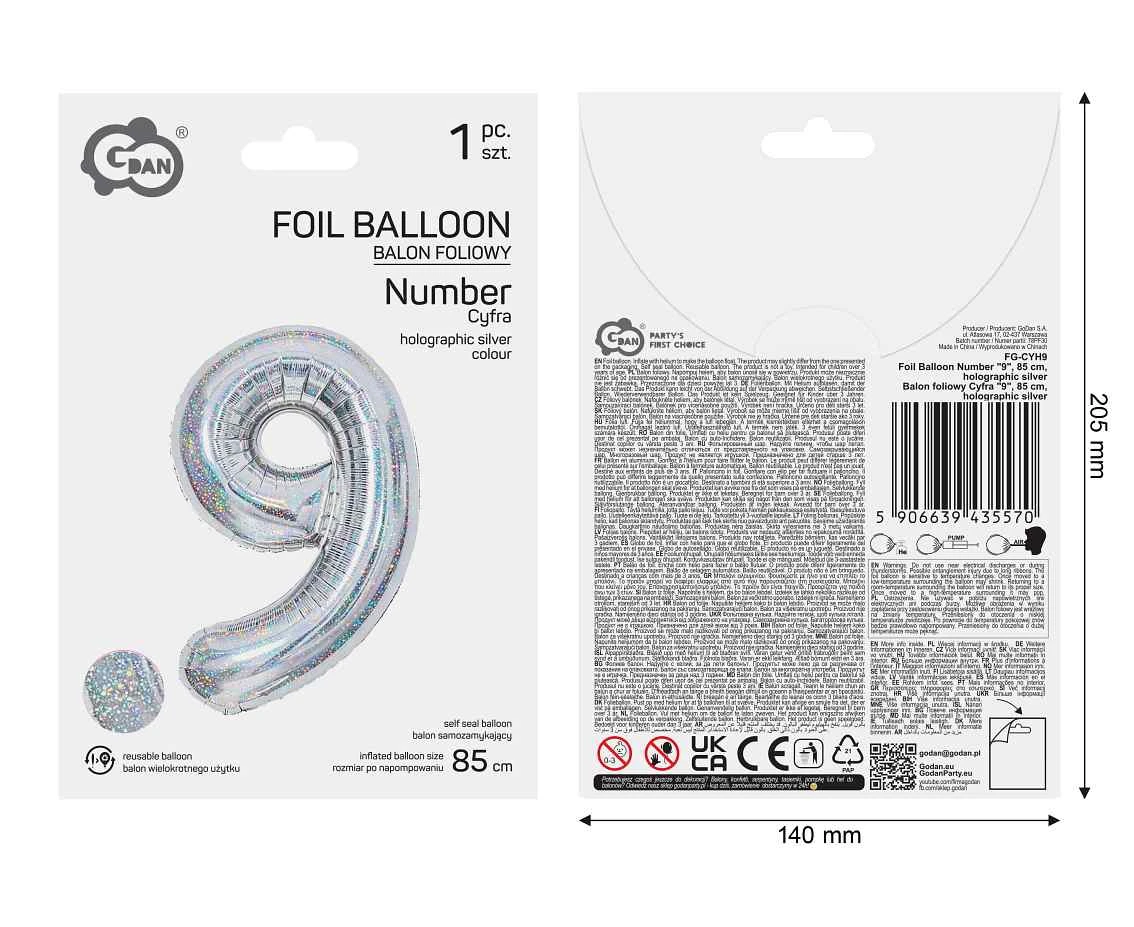 Balon foliowy Cyfra "9", 85 cm, holographic silver