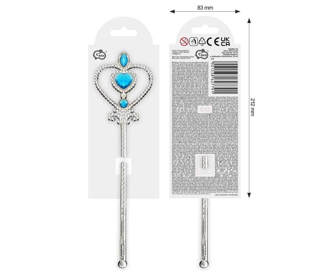 Różdżka Srebrna z niebieskimi kamieniami, 32 cm
