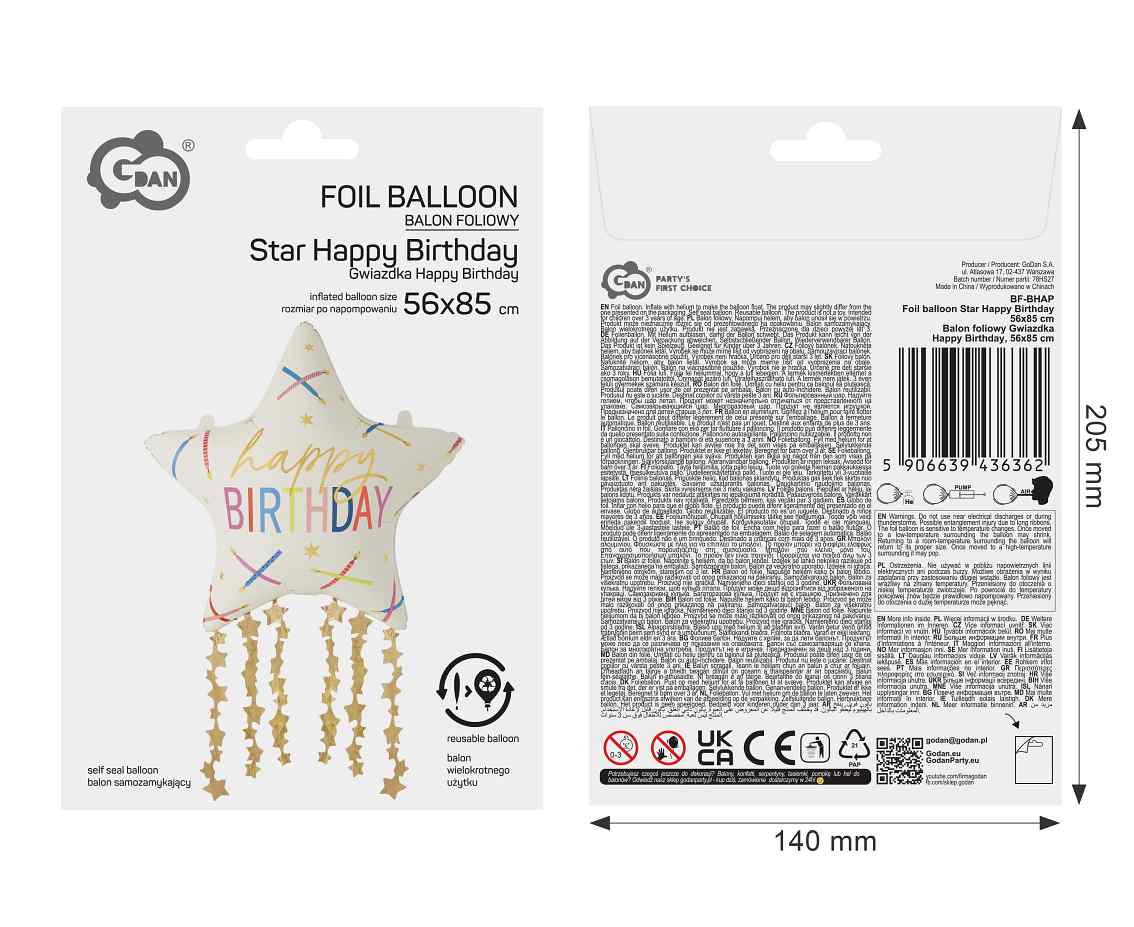 Balon foliowy Gwiazdka 'Happy Birthday' 56x85 cm