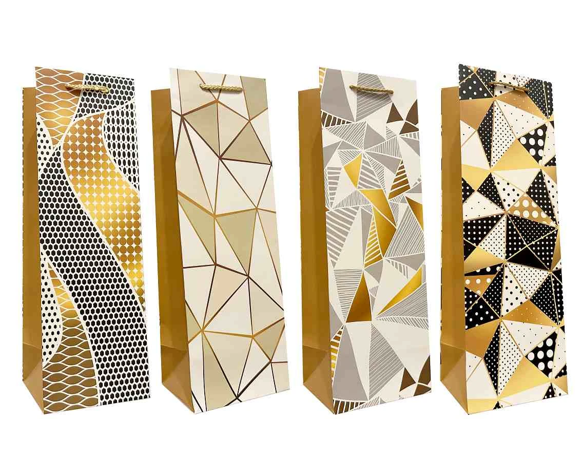 Torebka prezentowa na butelkę Wzory geometryczne złoto-czarne 12x35x9 cm mix, 1 szt.