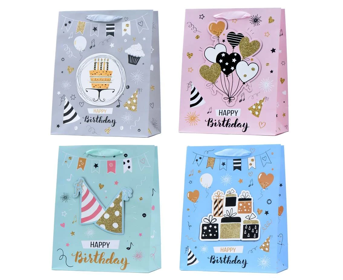 Torebka prezentowa "Happy Birthday" matowa z brokatem 26x32x23 cm, 1 szt.