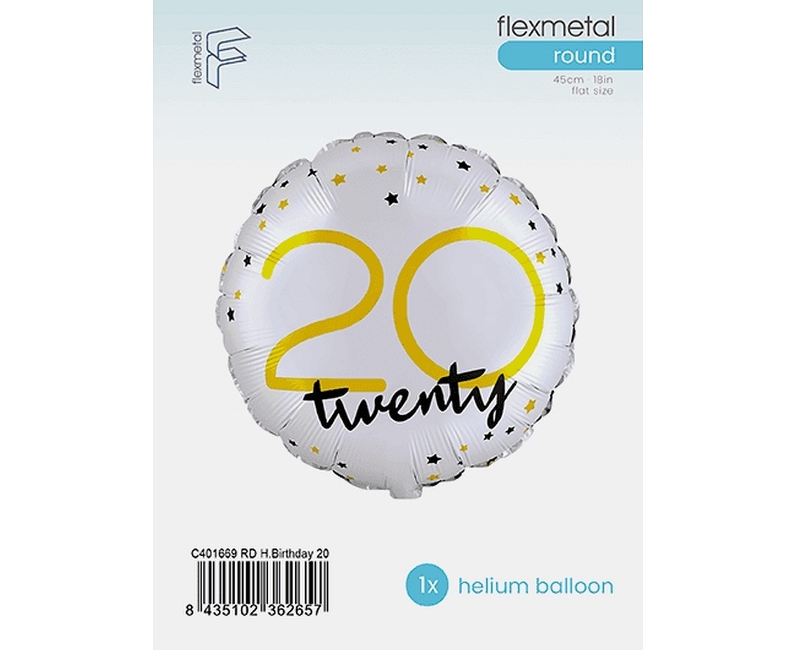 Balon foliowy 18" FX - Happy Birthday 20 (okrągły), pakowany