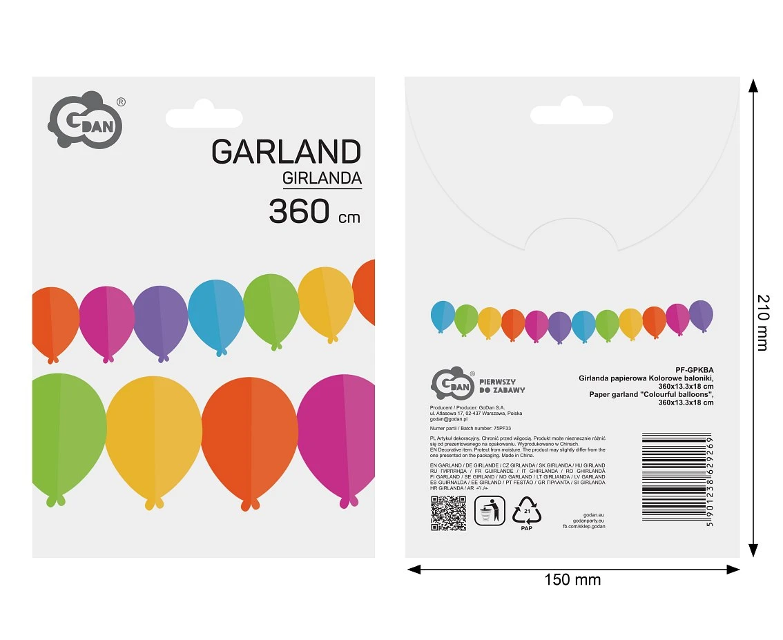 Girlanda papierowa Kolorowe baloniki, 360x13.3x18cm