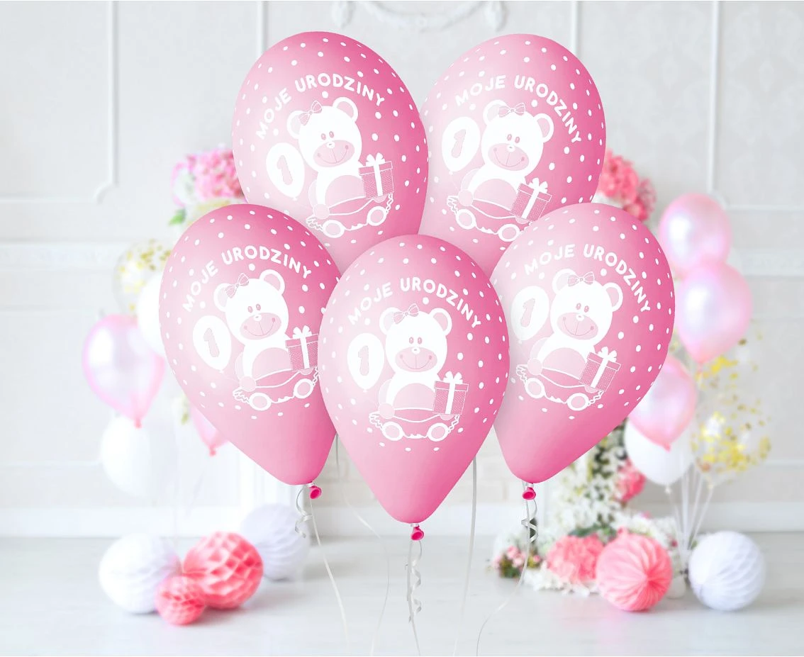 Balony Gemar 12", premium "moje 1 urodziny", różowe, dla dziewczynki, 5szt. KK