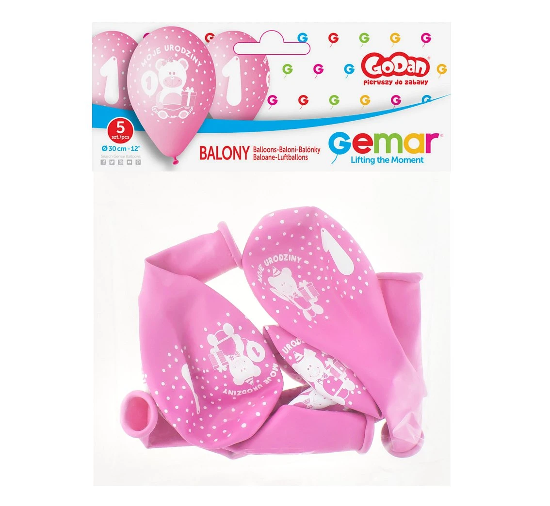 Balony Gemar 12", premium "moje 1 urodziny", różowe, dla dziewczynki, 5szt. KK