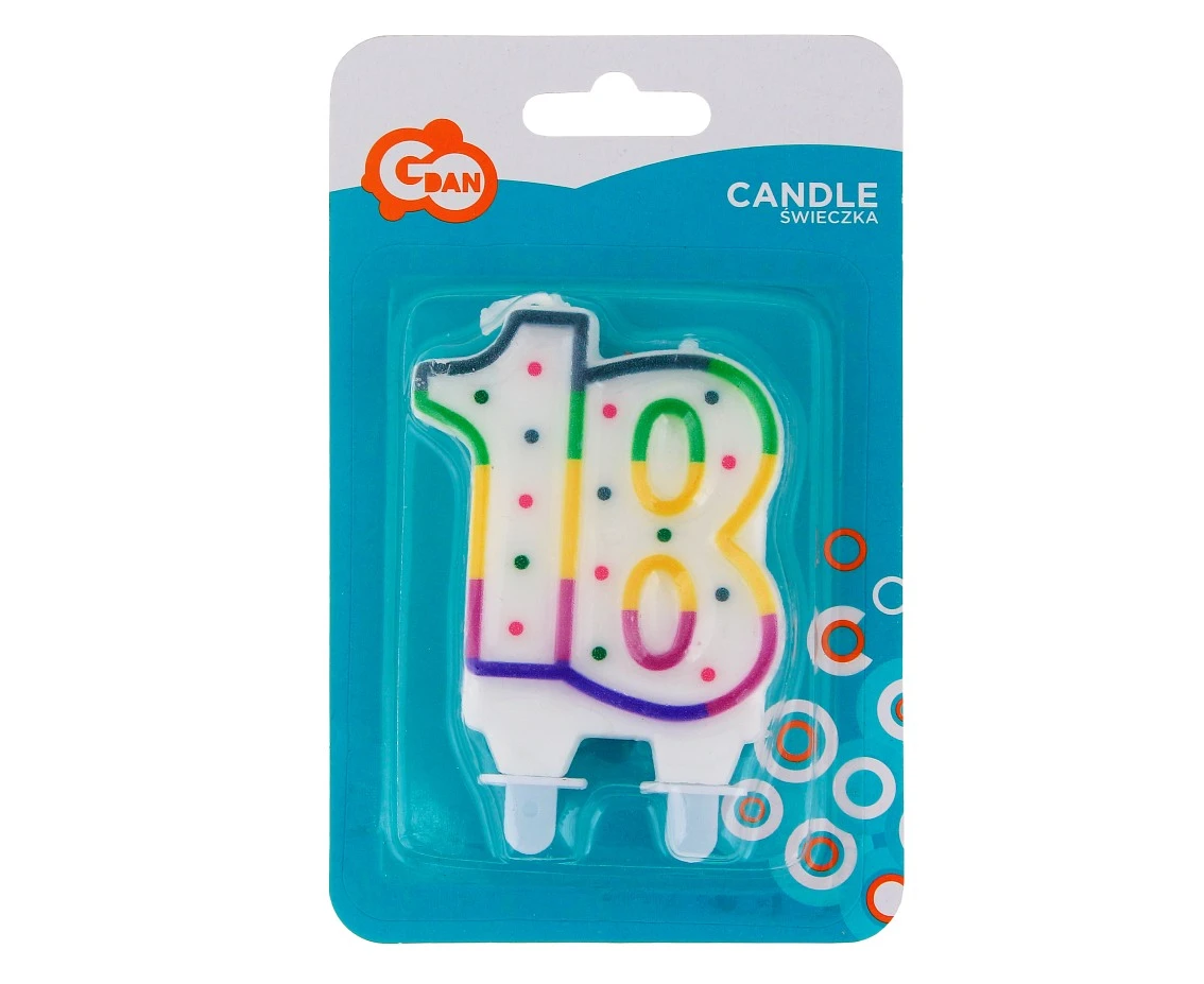 Świeczka cyferka z kropeczkami "18", 8 cm KK