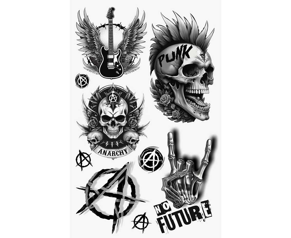 Zestaw tatuaży zmywalnych punk rock, 14x30 cm