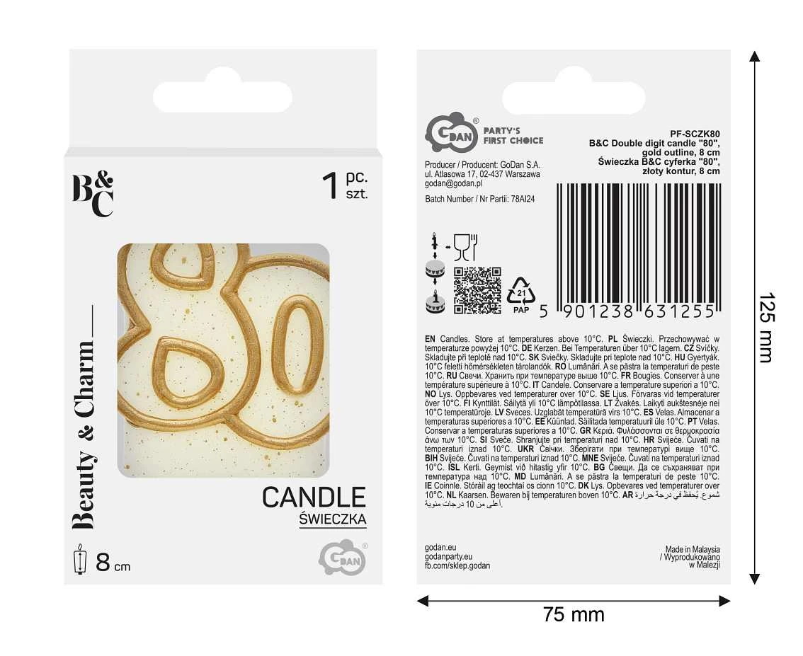 Świeczka B&C cyferka "80", złoty kontur, 8 cm