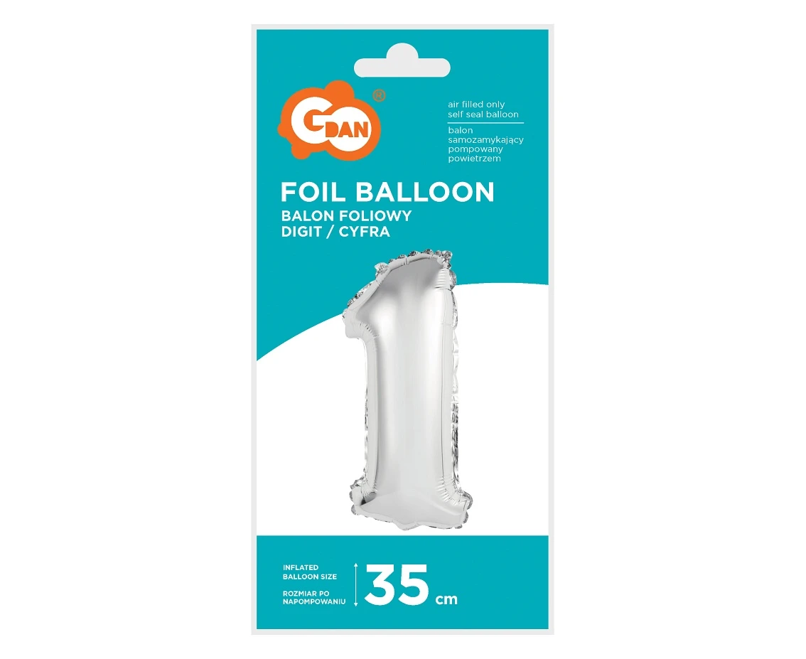 Balon foliowy "Cyfra 1", srebrna, 35 cm KK