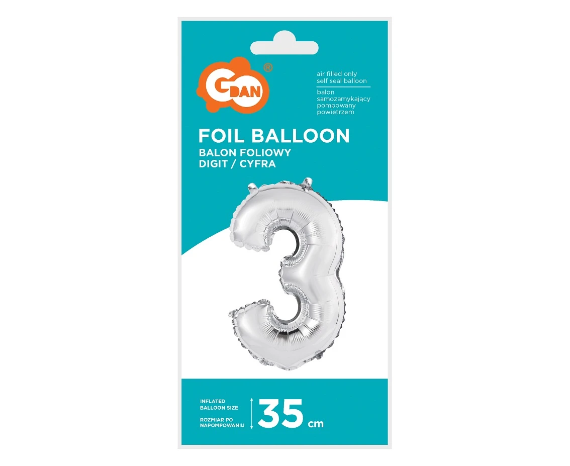 Balon foliowy "Cyfra 3", srebrna, 35 cm KK