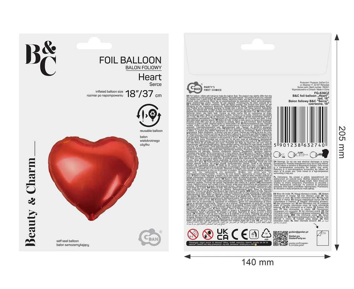 Balon foliowy B&C "Serce", czerwone, 18" AA