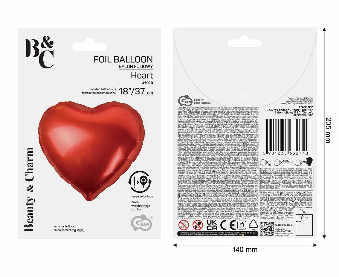 Balon foliowy B&C "Serce", czerwone, 18" AA