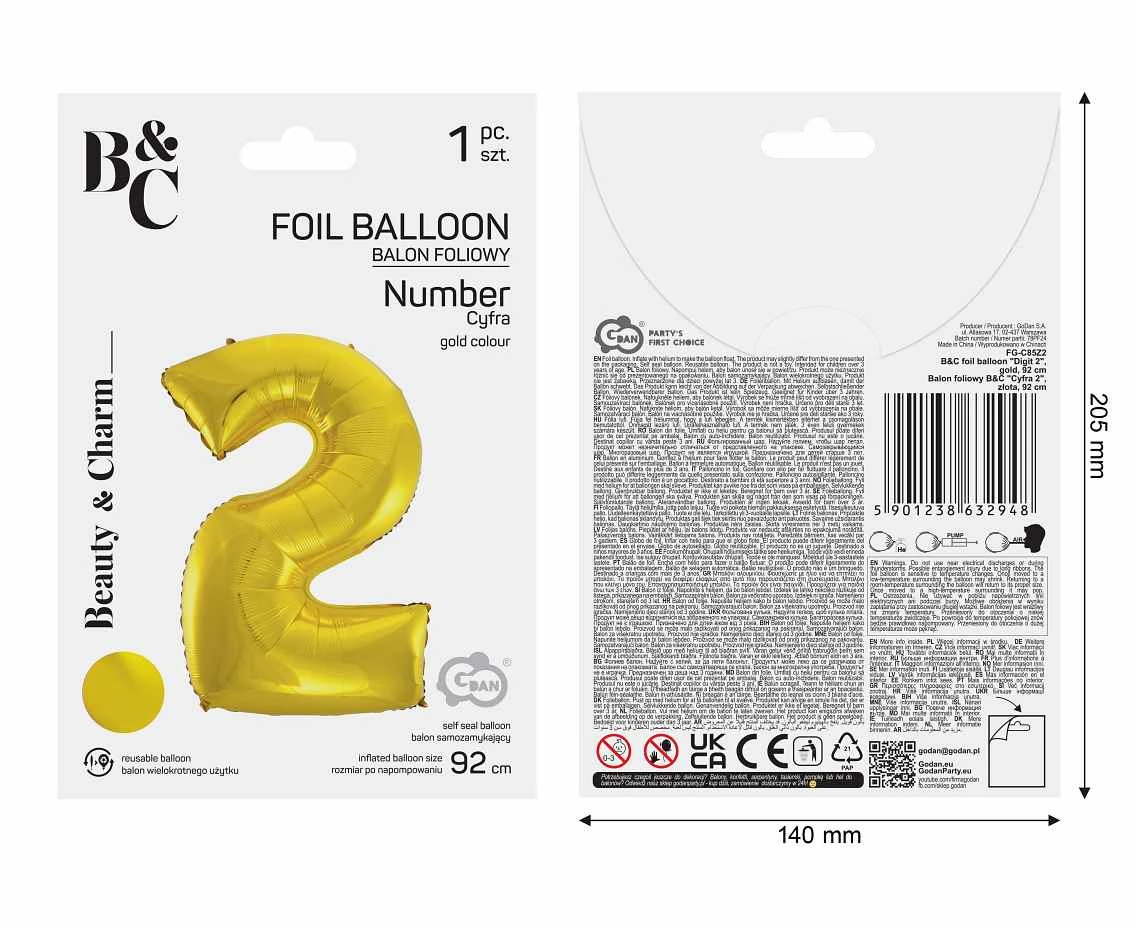 Balon foliowy B&C Cyfra 2, złota, 92 cm AA