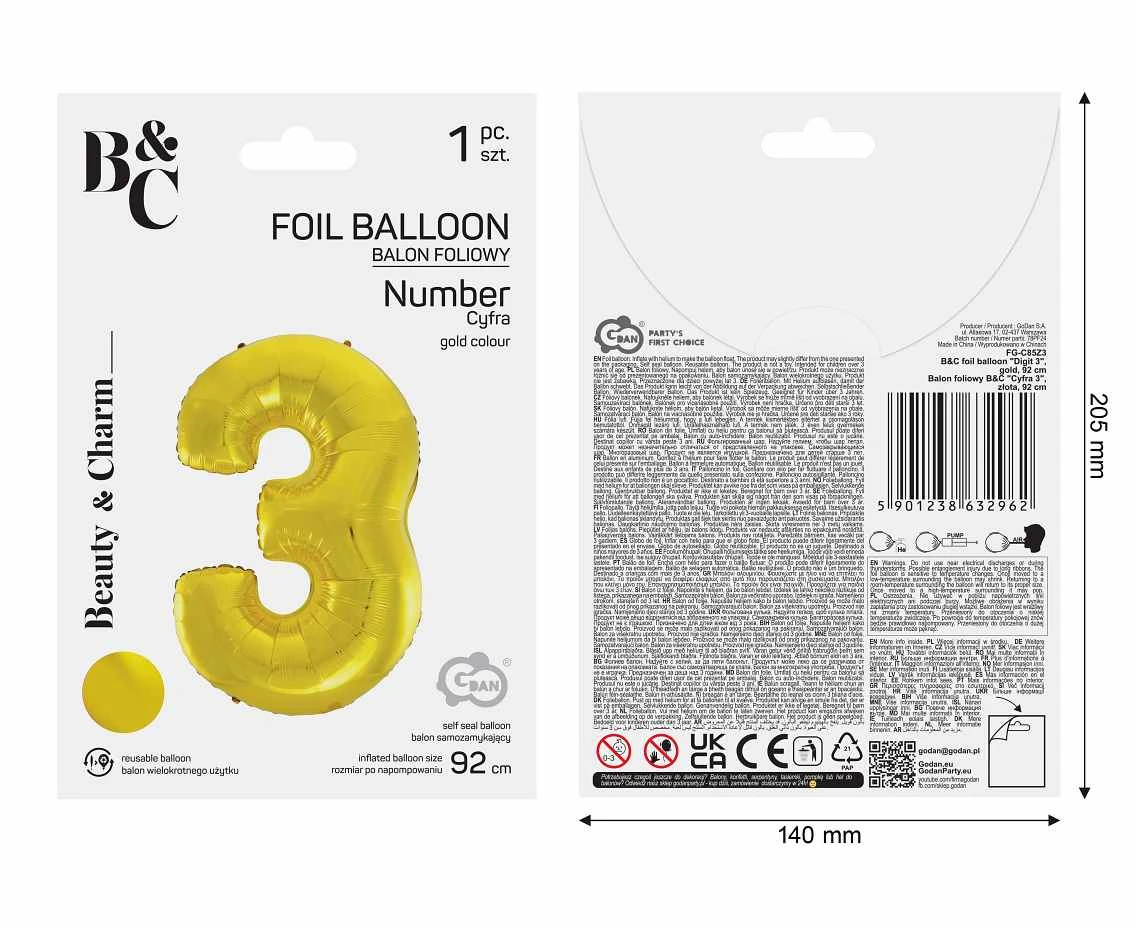 Balon foliowy B&C Cyfra 3, złota, 92 cm AA