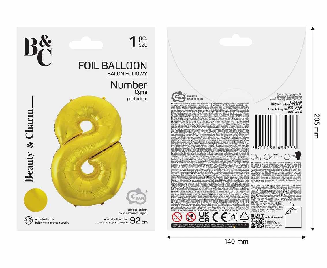 Balon foliowy B&C Cyfra 8, złota, 92 cm AA