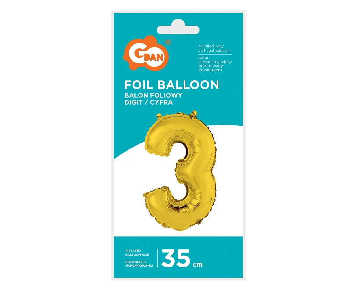 Balon foliowy "Cyfra 3", złota, 35 cm