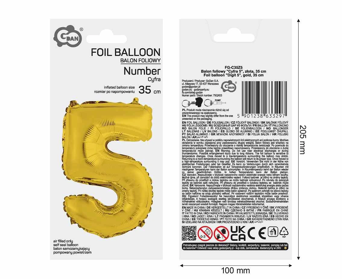 Balon foliowy "Cyfra 5", złota, 35 cm