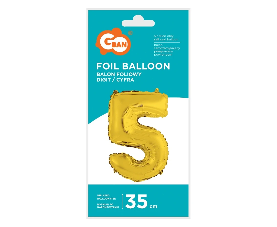 Balon foliowy "Cyfra 5", złota, 35 cm