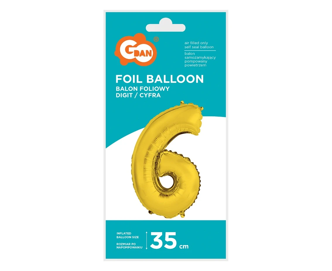 Balon foliowy "Cyfra 6", złota, 35 cm