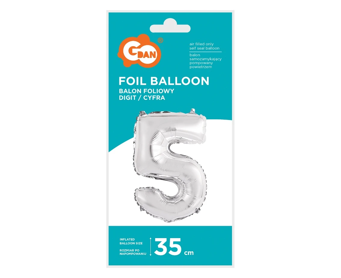 Balon foliowy "Cyfra 5", srebrna, 35 cm KK