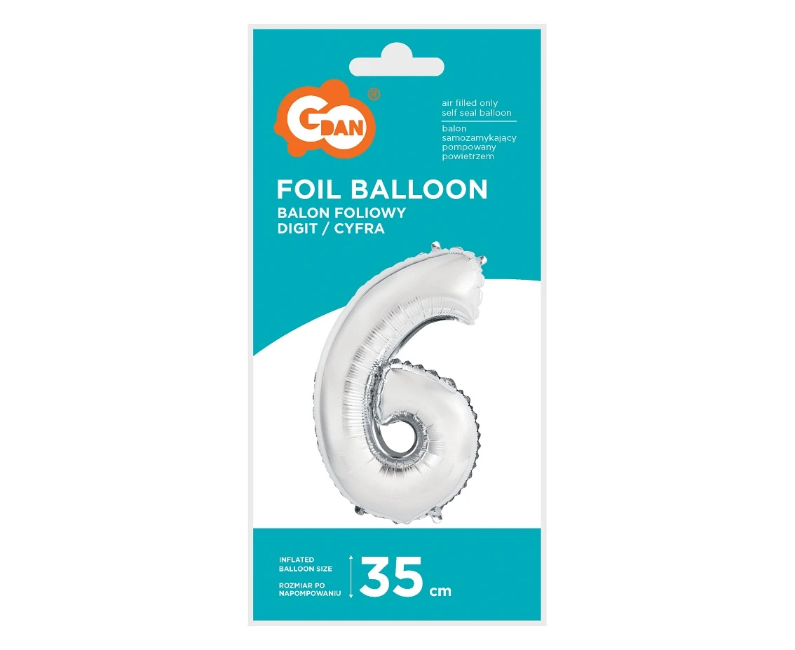 Balon foliowy "Cyfra 6", srebrna, 35 cm KK