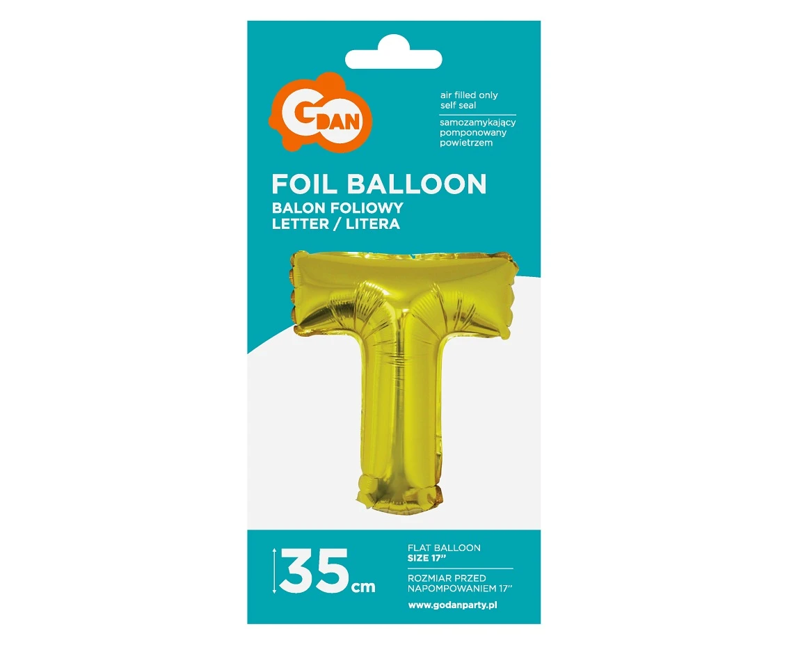 Balon foliowy "Litera T", złota, 35 cm KK