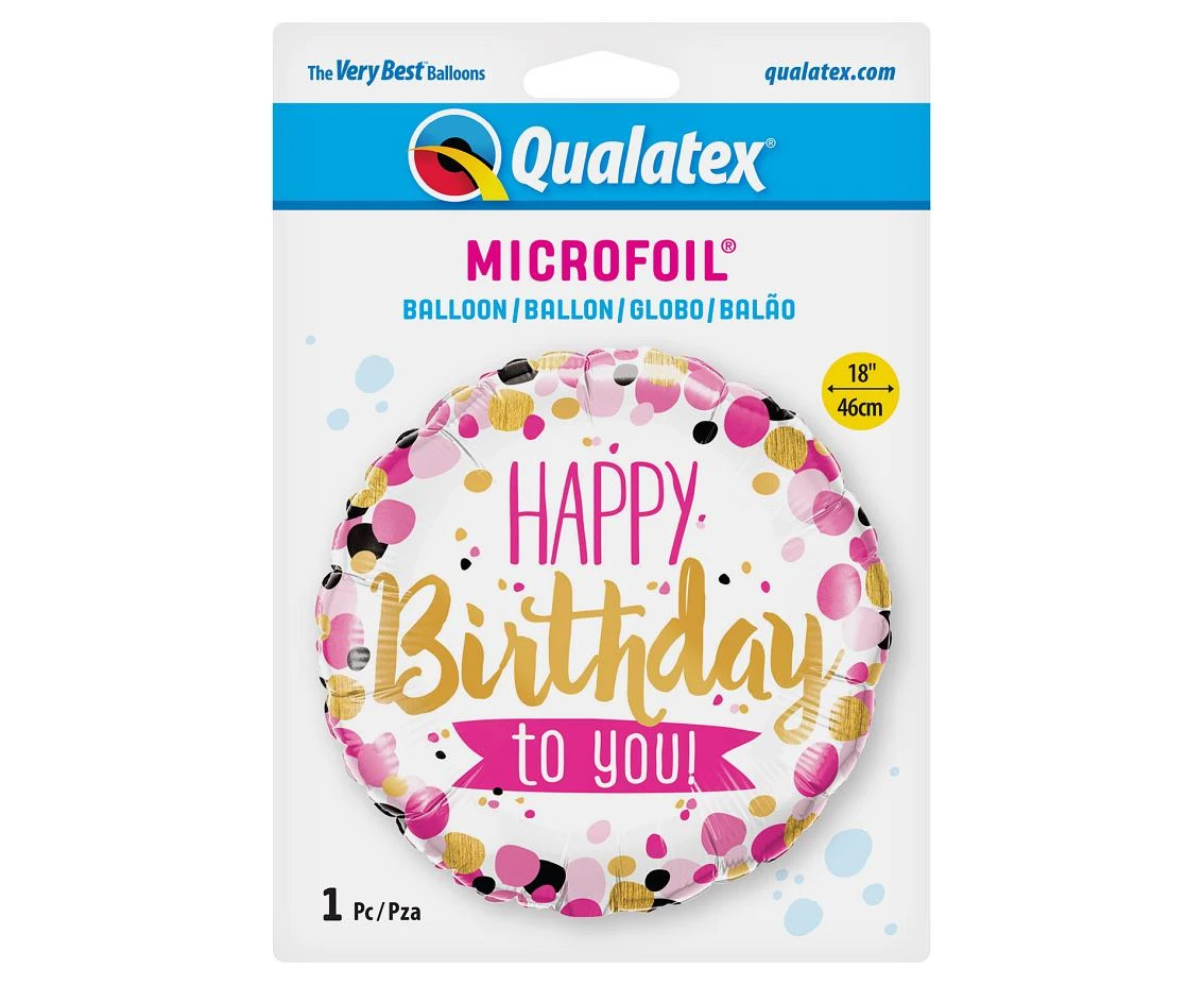 Balon foliowy 18" QL CIR - "Happy Birthday  To You Pink & Gold Dots" KK