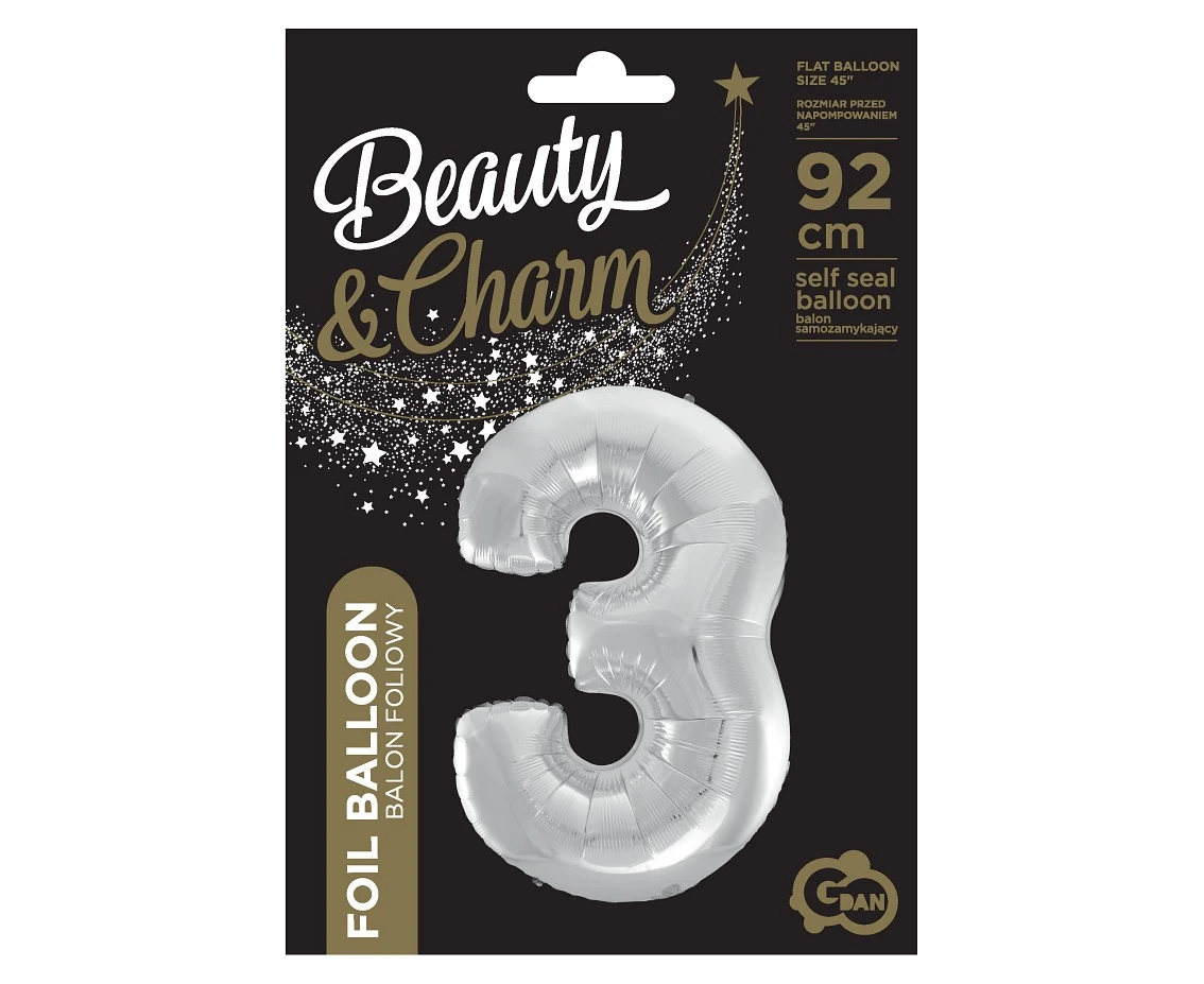 Balon foliowy B&C Cyfra 3, srebrna, 92 cm AA
