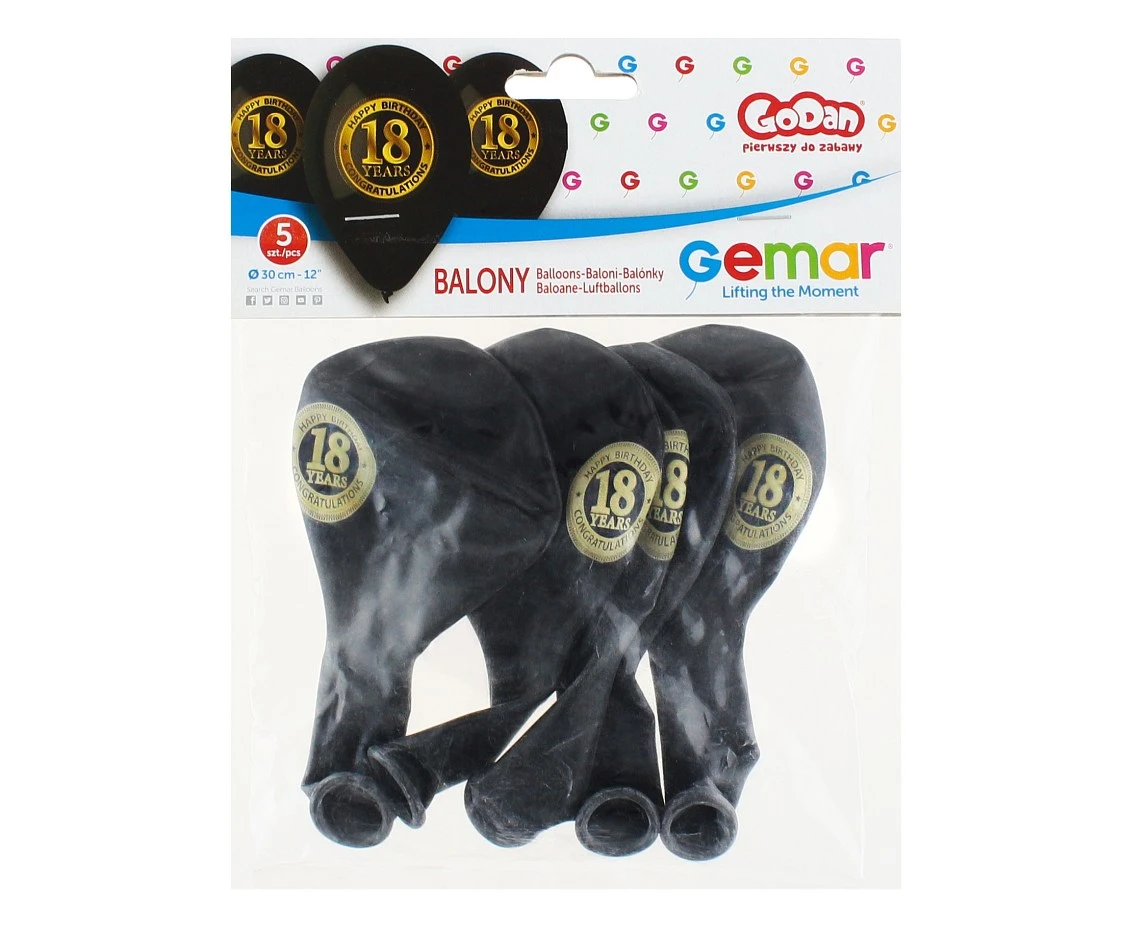 Balony Gemar 12", pastel premium "18 years", czarne, 5szt.