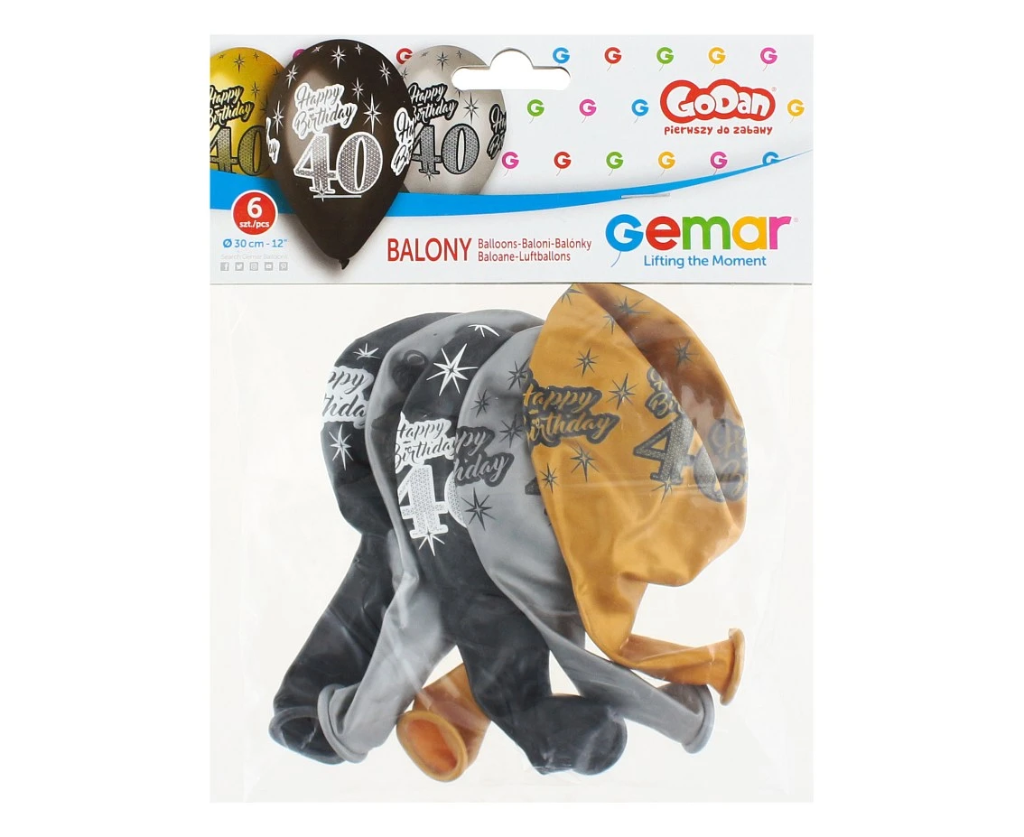 Balony Gemar 12", premium happy birthday 40, metalik, 6szt.