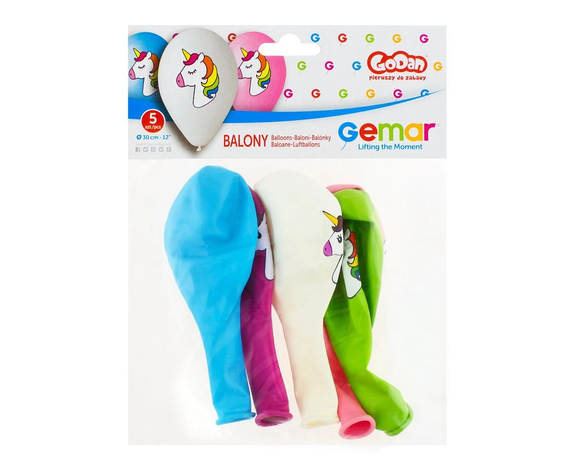 Balony Gemar 12", pastel premium "jednorożec", nad. kolorowy, 5szt.
