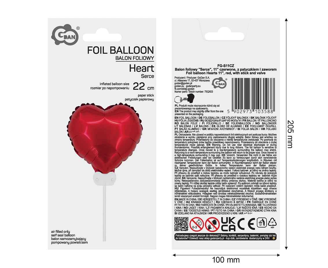 Balon foliowy "Serce", 11" czerwone, z patyczkiem i zaworem AA