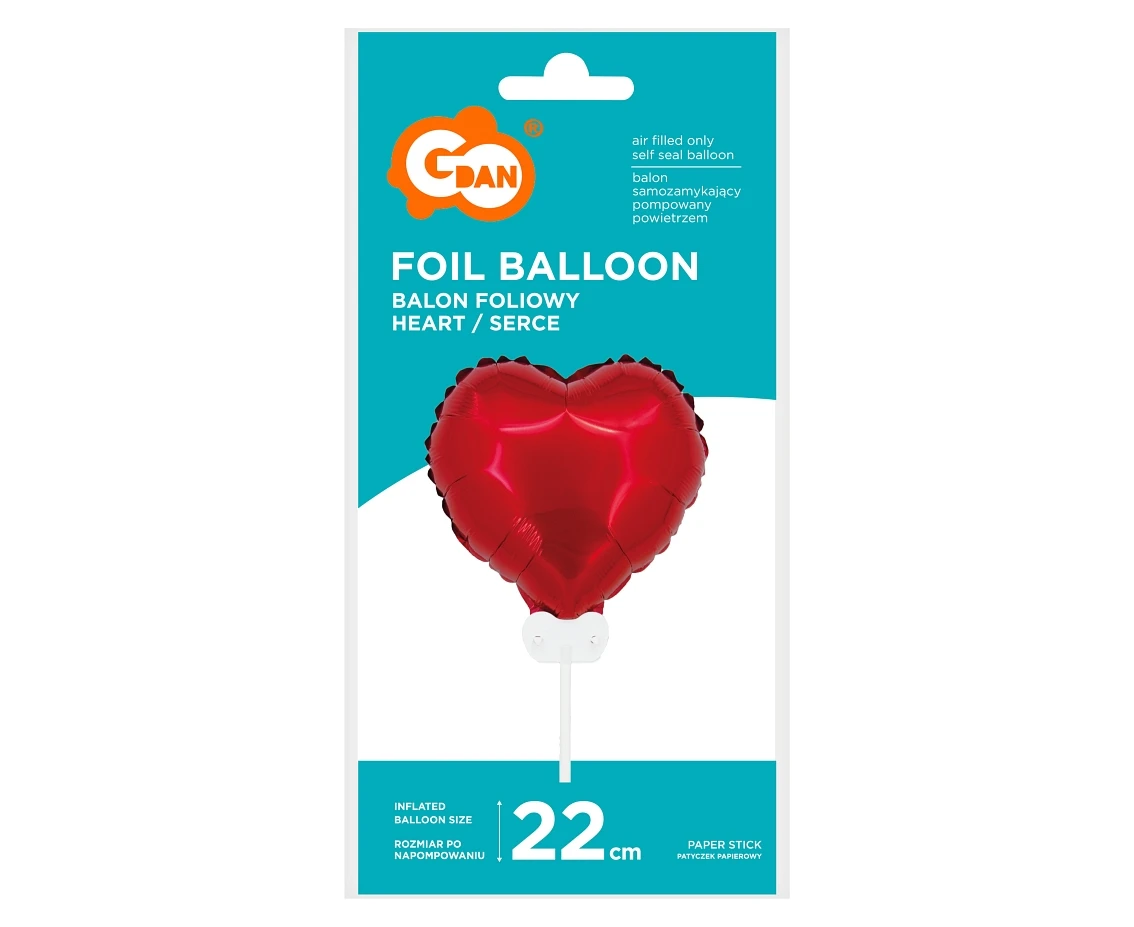 Balon foliowy "Serce", 11" czerwone, z patyczkiem i zaworem AA