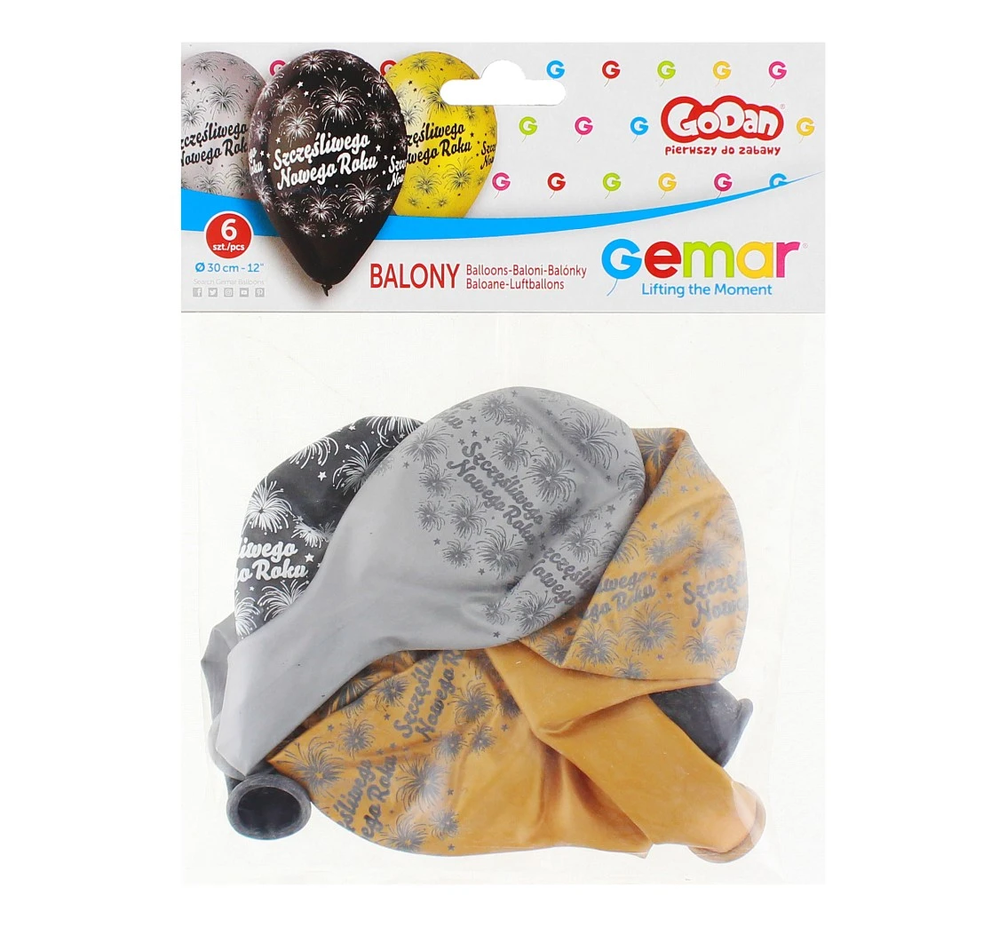Balony Gemar 12", premium "szczęśliwego nowego roku", metalik, 6szt.