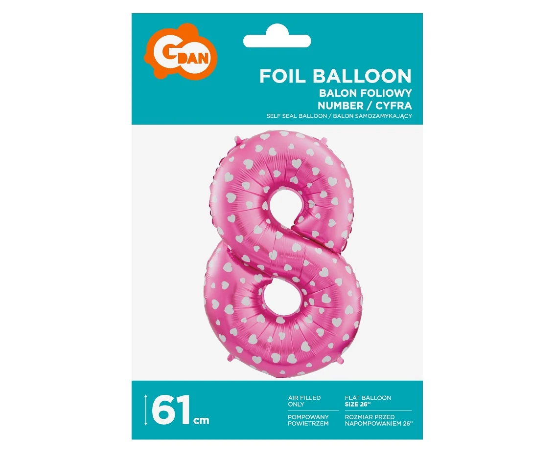 Balon foliowy "Cyfra 8", różowa w serca, 61 cm KK